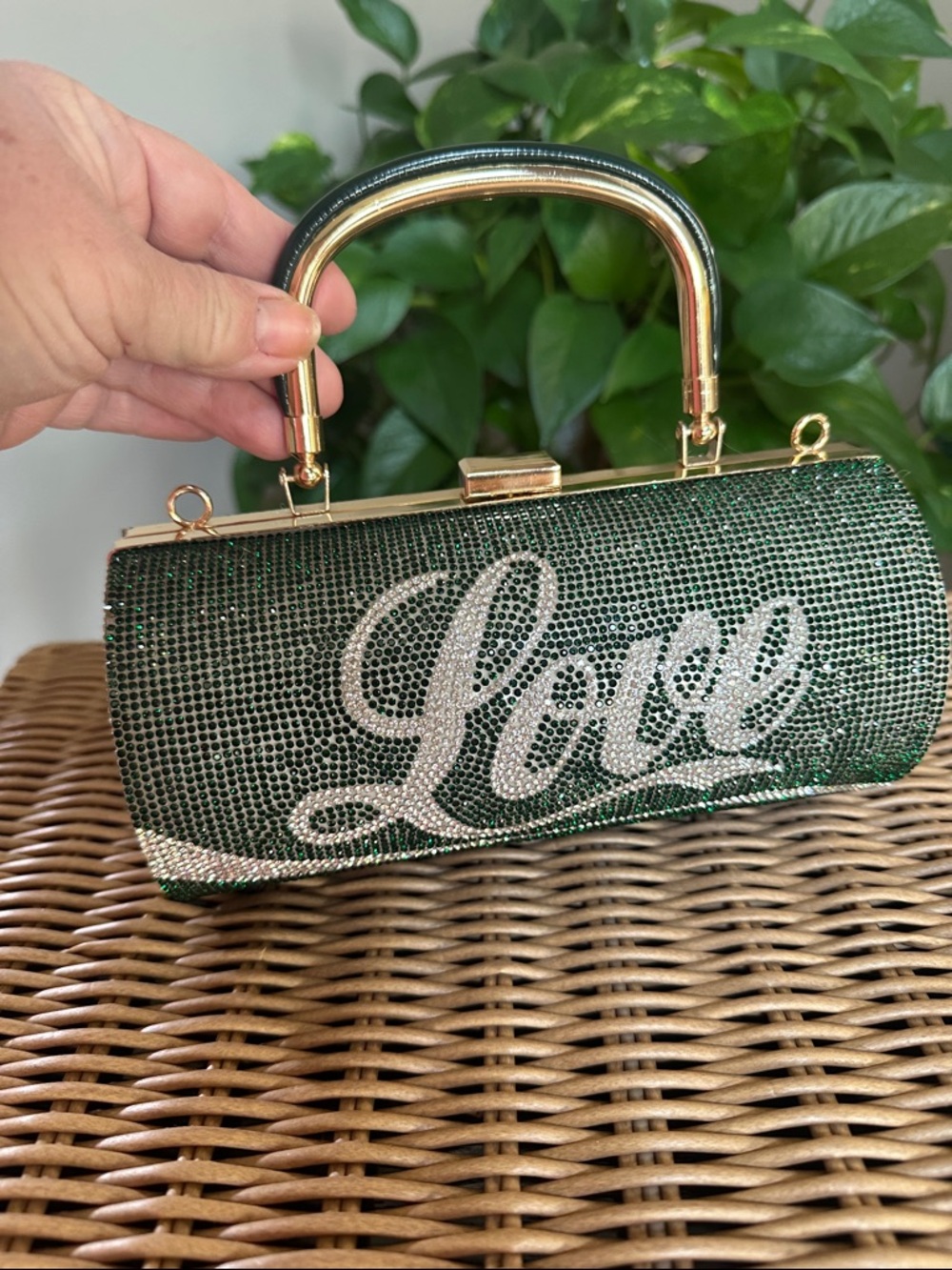 Green Crystal 'Love' Rhinestone Bag - Gold Hardware with attachable strap NWOT
